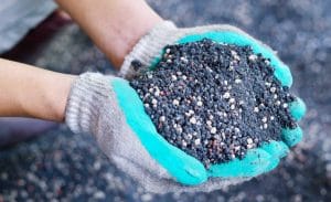 Fertilizer and biostimulant being held in two gloved hands